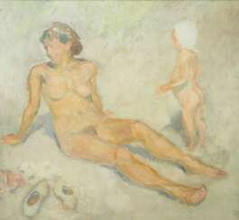 Eriksen, Hans (1912-1982): Nackte Frau mit Kind am Strand beim Sonnenbad.