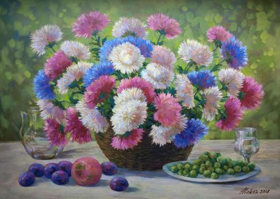 BOUQUET OF ASTERS ON THE SUMMER VERANDA. oi on canvas Масло Импрессионизм Натюрморт Украина 2018 г. - фото 1