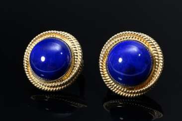 Paar Gelbgold 585 Ohrstecker mit Lapislazuli Cabochons in Goldschnüren, Clipbrisur, 14g, Ø 19,7mm