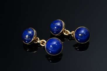 Paar klassische Gelbgold 750 Manschettenknöpfe mit runden Lapislazuli Cabochons, 9g, Ø 11mm, L. 3,1cm