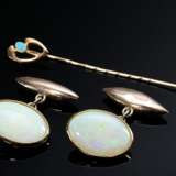 3 Teile Schmuck mit Opal Cabochons: Paar Rotgold 585 Manschettenknöpfe (7,6g, 18,9x13,6mm, Tragespuren) und 1 Rotgold 750 Jugendstil Krawattennadel (1g, L. 6,8cm) - photo 1