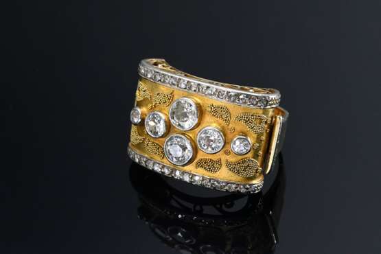 Handgefertigter Gelbgold 585 Midcentury Ring in Granuliertechnik mit 6 Altschliff- (zus. ca. 0.90ct/VS2-SI2/TCR-CR) und 30 Achtkantdiamanten (zus. ca. 0.30ct/VSI2-P3/TCR-C), Unikat, Expertise Elisabeth Strack/Hbg., 6,7g,… - Foto 2