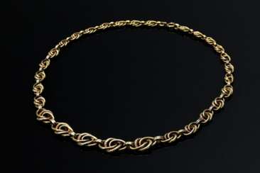 Gelbgold 585 Collier aus verschlungenen Ringelementen, um 1930, 40g, L. 46cm, B. 5,8-11,1mm