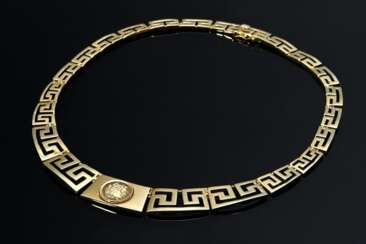 Gelbgold 585 Collier mit gesägten Mäanderelementen und Münze im antiken Stil, 42g, L. 45cm