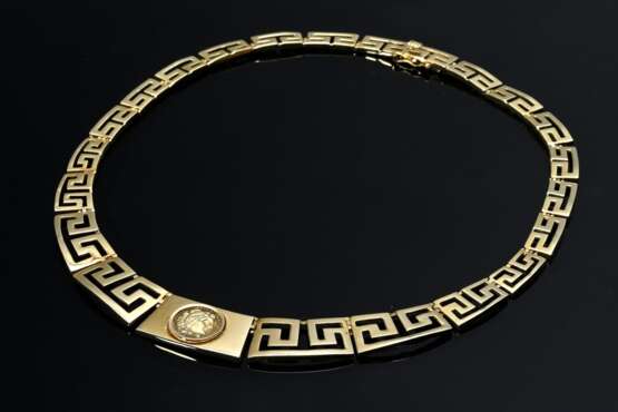 Gelbgold 585 Collier mit gesägten Mäanderelementen und Münze im antiken Stil, 42g, L. 45cm - Foto 1