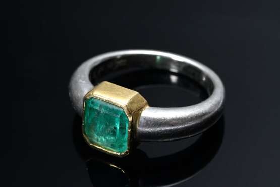 Handgefertigter Platin 950 Ring mit Smaragd (ca. 1.60ct) in Gelbgold 750 Fassung, 10,3g, Gr. 55, Tragespuren - Foto 2