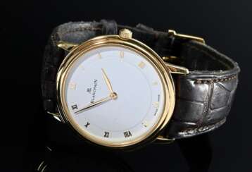 Blancpain &quot;Villeret&quot; Gelbgold 750 Herrenarmbanduhr, Handaufzug, weißes Zifferblatt, verso Glasboden, braunes Lederband mit Original Gelbgold 750 Dornschließe, Ø 33mm, Original-Box, Karton und Papiere von 1992, …