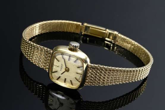 Tissot Gelbgold 585 Damenarmbanduhr mit gerundetem quadratischem Gehäuse, Handaufzug, 21,1g, L. 17,1cm, gangbar (keine Garantie auf Werk und Funktionalität), Zifferblatt korrodiert - photo 1