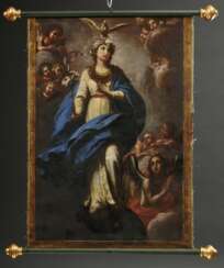 Troger, Paul (1698-1762) zugeschr. Fahnenbild &quot;Maria Immaculata&quot; und &quot;Hl. Katharina und Hl. Agnes von Rom&quot; um 1737, Öl/Leinwand, doppelseitig bemalt, Haltestangen mit vergoldeten Enden, 92x68,5cm (96x…