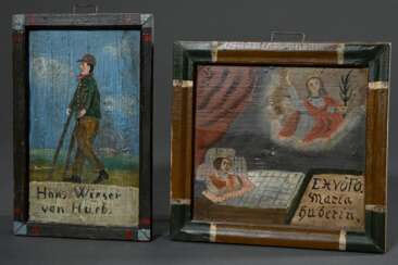 2 Diverse volkskundliche Votivbilder &quot;Maria Huberin&quot; und &quot;Hans Wieser von Hueb&quot;, Öl/Holz, je bez., mit gestalteten Rahmen, Süddeutsch 19.Jh., 14x15/17,5x10,3cm (m.R. 17,5x18,5/19,8x12,5cm), 1x rest., …