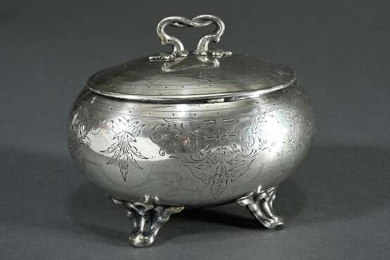 Ovoide Spätbiedermeier Zuckerdose mit antikisierendem Gravurdekor und Astgriff, um 1870, Silber 750, 254g, H. 11,6cm, min. Druckstellen - photo 1