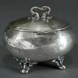 Ovoide Spätbiedermeier Zuckerdose mit antikisierendem Gravurdekor und Astgriff, um 1870, Silber 750, 254g, H. 11,6cm, min. Druckstellen - photo 2