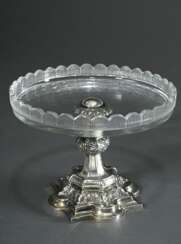 Spätbiedermeier Aufsatz mit Silber Fuß und schlichter Glas Tazza, Silber 13 Lot, 92g (ohne Glas), H. 12,5cm, Ø 18cm