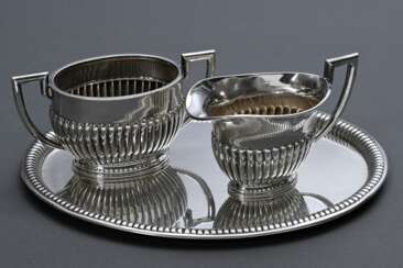 3 Teile Zucker und Rahm Set mit gerilltem Korpus, Juweliermarke Löhde, Hamburg, Silber 800, 660g, H. 8/8,6cm, 28x21,5cm