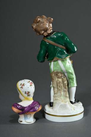 2 Diverse Porzellan Figuren polychrom und goldstaffiert: Karl Ens Volksstedt "Trommler Kind", um 1900 (H. 15,5cm, berieben, Finger verloren) und Dresden "Mädchenbüste mit Blumentuch", Ende 19.Jh., (H.… - Foto 2