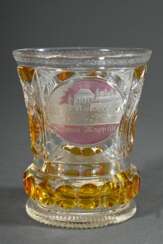 Biedermeier Becherglas mit reich geschliffener mittig eingezogener Wandung und ovalem Ansichtstondo &quot;St. Anna Kappelle&quot;, silbergelb und rosé geätzt, im Boden eingeschlossener Silber Thaler &quot;Friedrich Wilhe…