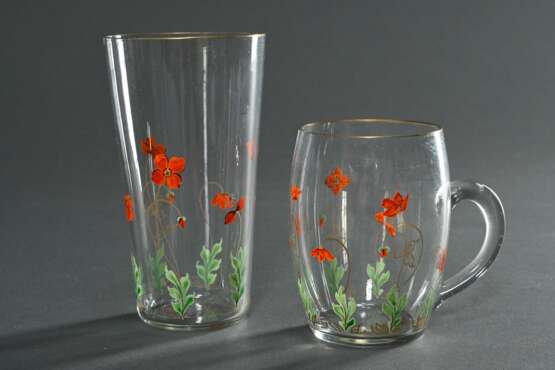 14 Jugendstil Gläser mit zarter Emaille Malerei "Mohnblüten" und Goldrand: je 7 Wasser (H. 12,4cm) und Bowle (H. 8,7cm), min. berieben, 1x min. best. - Foto 3