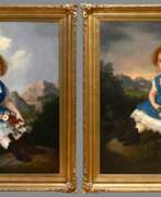 Paintings. Unbekannter Biedermeier Künstler um 1850, 2 &quot;Geschwisterportraits mit Blumen vor weiter Landschaft&quot;, Öl/Leinwand doubliert, Prunkrahmen, 108x93cm, 128x112cm, rest., Provenienz: Schloss Reichertshausen, Familie …