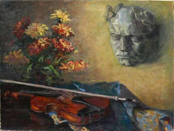 Unbekannter Künstler des 20.Jh. (Spethmann?) "Totenmaske Beethoven mit Blumenstrauß und Violine" 1921, Öl/Leinwand, u.l. undeutl. sign./dat., 54x70,5cm - photo 1