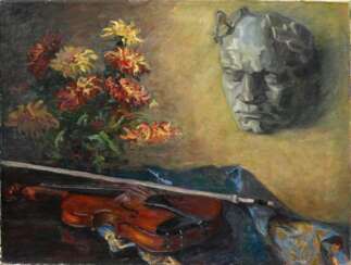 Unbekannter Künstler des 20.Jh. (Spethmann?) &quot;Totenmaske Beethoven mit Blumenstrauß und Violine&quot; 1921, Öl/Leinwand, u.l. undeutl. sign./dat., 54x70,5cm