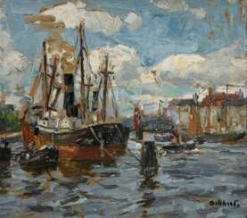 Dekkert, Eugen (1865-1956) &quot;Schiffe im Hafen&quot;, Öl/Malpappe, u.r. sign., 31x35cm (m.R. 38,2x42cm)