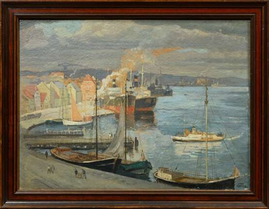 Thämer, Otto (1892-1975) "Schöne Aussicht (Flensburger Hafen)" 1923, Öl/Malpappe, u.r. sign., verso sign./bez./dat., 36x48,5cm (m.R. 42,4x54,8cm) - фото 2