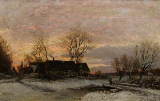 Schive (Schiwe), Jacob Oxholm (1847-1912) "Abendliche Winterlandschaft mit Gehöft", Öl/Leinwand, u.l. sign., 52,5x84cm (m.R. 58,5x89cm), feines Craquelé, rest., leicht verschmutzt - photo 1