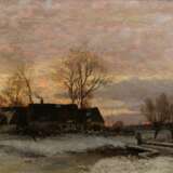 Schive (Schiwe), Jacob Oxholm (1847-1912) "Abendliche Winterlandschaft mit Gehöft", Öl/Leinwand, u.l. sign., 52,5x84cm (m.R. 58,5x89cm), feines Craquelé, rest., leicht verschmutzt - photo 1