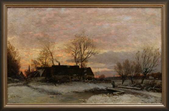 Schive (Schiwe), Jacob Oxholm (1847-1912) "Abendliche Winterlandschaft mit Gehöft", Öl/Leinwand, u.l. sign., 52,5x84cm (m.R. 58,5x89cm), feines Craquelé, rest., leicht verschmutzt - photo 2