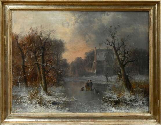 Steinach, Anton Victor A. (1819-1891) "Winterliche Szene mit Anwesen und Personenstaffage auf gefrorenem See", Öl/Leinwand, u.l. sign., 60x80,5cm (m.R. 71x92cm), Randdefekte, Craquelé - photo 2