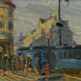 Monogrammist des frühen 20.Jh. "Belebte Szene mit Straßenbahn", Öl/Malpappe, u.l. monogr. ("CH"), 20x27,5cm (m.R. 31x38,8cm), Defekte der Maloberfläche - photo 1