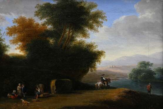 Brandt, Johann Christian (1722-1795) "Ideale Landschaft mit Personenstaffage", Öl/Leinwand auf Hartfaserplatte kaschiert, 20,4x28,7cm (m.R. 31,2x40,2cm), rest., feines Craquelé - photo 1