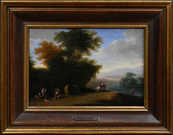 Brandt, Johann Christian (1722-1795) "Ideale Landschaft mit Personenstaffage", Öl/Leinwand auf Hartfaserplatte kaschiert, 20,4x28,7cm (m.R. 31,2x40,2cm), rest., feines Craquelé - photo 2