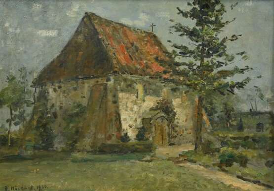 Höckner, Rudolf (1864-1942) "Kirche in Stellau (Wrist)" 1936, Öl/Malpappe, u.l. sign./dat., verso sign./bez. und Klebeetiketten "Kunsthandlung Alfred Lochte/ Hamburg", 34,5x48,5cm (m.R. 41,5x56cm), Ma… - photo 1