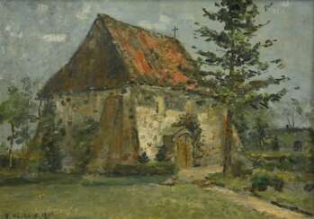 Höckner, Rudolf (1864-1942) &quot;Kirche in Stellau (Wrist)&quot; 1936, Öl/Malpappe, u.l. sign./dat., verso sign./bez. und Klebeetiketten &quot;Kunsthandlung Alfred Lochte/ Hamburg&quot;, 34,5x48,5cm (m.R. 41,5x56cm), Ma…