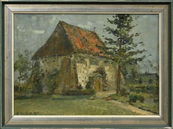 Höckner, Rudolf (1864-1942) "Kirche in Stellau (Wrist)" 1936, Öl/Malpappe, u.l. sign./dat., verso sign./bez. und Klebeetiketten "Kunsthandlung Alfred Lochte/ Hamburg", 34,5x48,5cm (m.R. 41,5x56cm), Ma… - photo 2