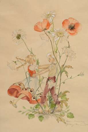 Schwarz-Torinus, Anne-Marie (1907-2004) "Tanz in den Blumen", Aquarell/Bleistift, weiß gehöht, u.r. sign., 41x31cm (m.R. 43,5x34cm), leicht vergilbt, min. fleckig - Foto 1