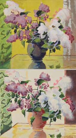 2 Wöhlk, Ernst (1894-1977) "Stillleben mit Flieder in Vase" 1952, Aquarelle (wohl über Stencil), je u.r. sign./dat., auf Papier montiert, ca. 46x51,5cm (ca. 53x59cm), leicht fleckig - Foto 1