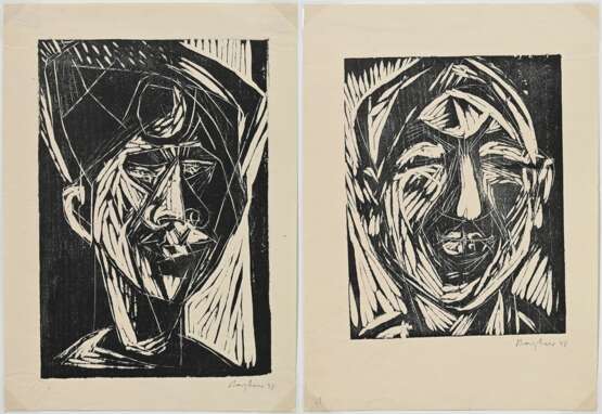 2 Bargheer, Eduard (1901-1979) "Portraits" 1948, Holzschnitte, u.r. sign./dat., PM 24x18,5/28,8x19,5cm, BM ca. 35x25cm, 1x verso Montagereste, leicht vergilbt, min. fleckig - фото 1