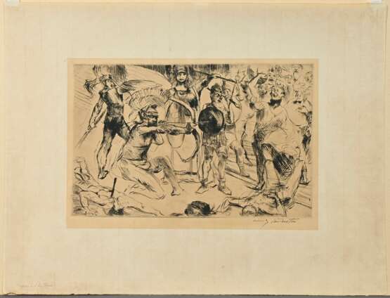 Corinth, Lovis (1858-1925) "Odysseus und die Freier" 1919, Radierung, u.r. sign., aus: "Antike Legenden", PM 25x39,5cm, BM 46,5x62cm, Lichtrand, verso Montagereste, im Randbereich leicht fleckig - фото 2