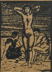 Eitner, Ernst (1867-1955) „Die Jugend&quot; 1910, Linolschnitt, u. bez. mit Bleistift &quot;Corrigirt!&quot;, verso Nachlassstempel/bez., freigestellt gerahmt, BM 37,5x28,5cm (m.R. 68,7x53,5cm)