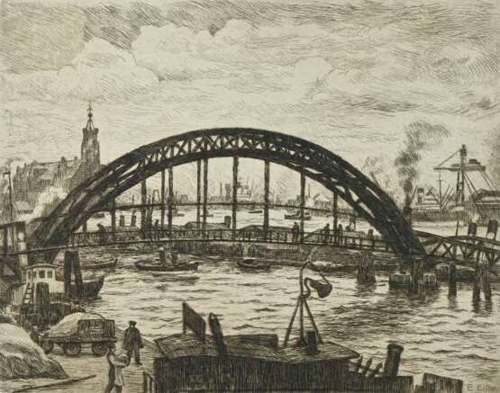 Eitner, Ernst (1867-1955) "Überseebrücke (Hamburger Hafen)", Radierung, u.r. sign., u.r. i.d. Platte sign., PM 23,2x29,5cm, BM 39,5x49,2cm, l. leichter Wasserschaden, Rand vergilbt - фото 1