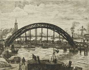 Eitner, Ernst (1867-1955) &quot;Überseebrücke (Hamburger Hafen)&quot;, Radierung, u.r. sign., u.r. i.d. Platte sign., PM 23,2x29,5cm, BM 39,5x49,2cm, l. leichter Wasserschaden, Rand vergilbt