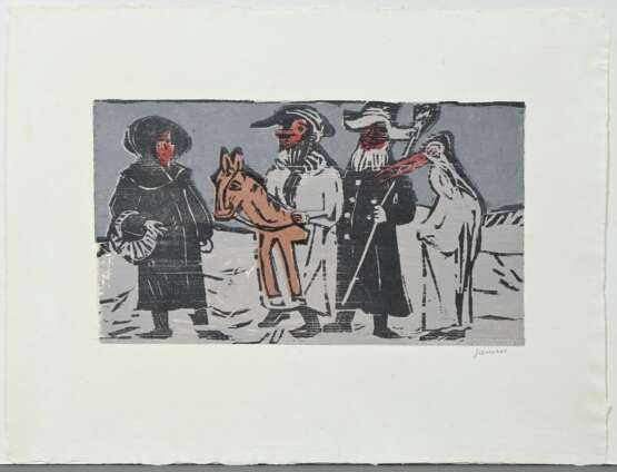 Grimm, Willem (1904-1986) "Neujahrsnacht auf dem Lande" 1948/1982, Farbholzschnitt, u.r. sign., Griffelkunst, PM 23x40cm, BM 42,5x56cm, im Randbereich min. fleckig - Foto 2