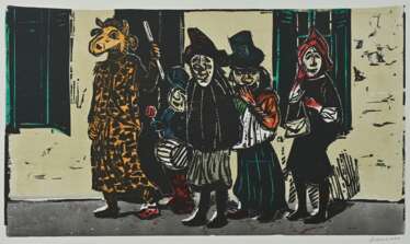 Grimm, Willem (1904-1986) &quot;Kinderfastnacht&quot; 1974/1985, Farbholzschnitt, u.r. sign., Griffelkunst, PM 29,8x52cm, BM 50,5x69,5cm