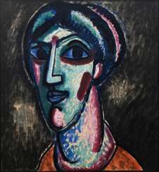 Jawlensky, Alexej von (1864-1941) &quot;o.T. (Großer Frauenkopf)&quot; 1956, Farblithographie/Plakat (wohl für die Galerie Fricker), u.l. i. Stein sign., PM 53,8x49,6cm, BM 71,5x52,7cm, kleine Knickspur, leicht fleckig…