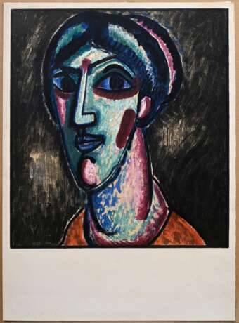 Jawlensky, Alexej von (1864-1941) "o.T. (Großer Frauenkopf)" 1956, Farblithographie/Plakat (wohl für die Galerie Fricker), u.l. i. Stein sign., PM 53,8x49,6cm, BM 71,5x52,7cm, kleine Knickspur, leicht fleckig… - фото 2