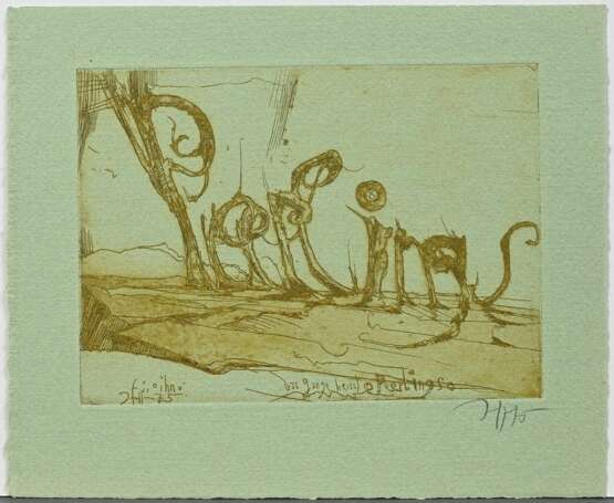 Janssen, Horst (1929-1995) "Das ganze heisst Peerlings" 1975, Farbradierung auf grünem Tonpapier, u.r. sign./dat., i.d. Platte dat./bez., PM 16,2x22,2cm, BM 23,7x28,8cm - photo 2