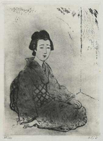 Orlik, Emil (1870-1932) "Geisha Kirschblüte" 1901, Radierung, 68/100, u. sign./num., am Rand bez., freigestellt gerahmt, PM 14,7x11,2cm, BM 14,3x18cm (m.R. 45x35cm) - photo 1