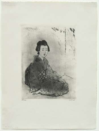 Orlik, Emil (1870-1932) "Geisha Kirschblüte" 1901, Radierung, 68/100, u. sign./num., am Rand bez., freigestellt gerahmt, PM 14,7x11,2cm, BM 14,3x18cm (m.R. 45x35cm) - photo 2